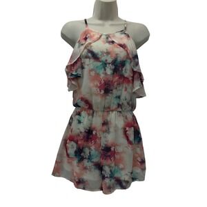 Peach Love California Floral Cold Shoulder Romper Pink Teal R70126-01 Small